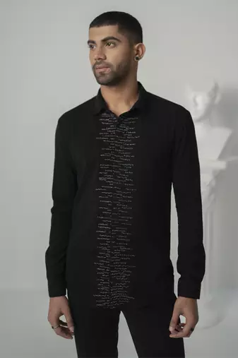 Black lunar pearl printed work japanese polyester shirt