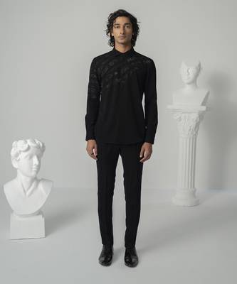 Black cosmic trail plain work japanese polyester shirt 1