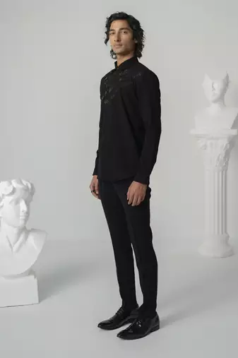 Black cosmic trail plain work japanese polyester shirt