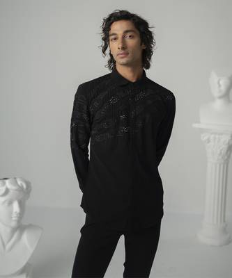 Black cosmic trail plain work japanese polyester shirt 4