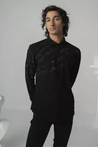 Black cosmic trail plain work japanese polyester shirt