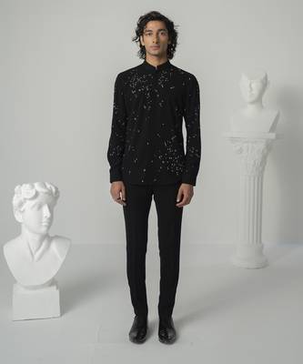 Black cosmic splash printed work japanese polyester shirt 1