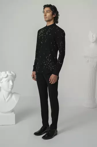 Black cosmic splash printed work japanese polyester shirt