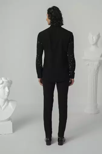 Black cosmic splash printed work japanese polyester shirt