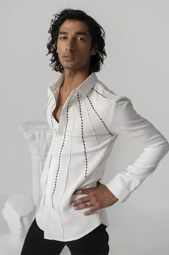 Bright white shadow ray printed work japanese polyester shirt