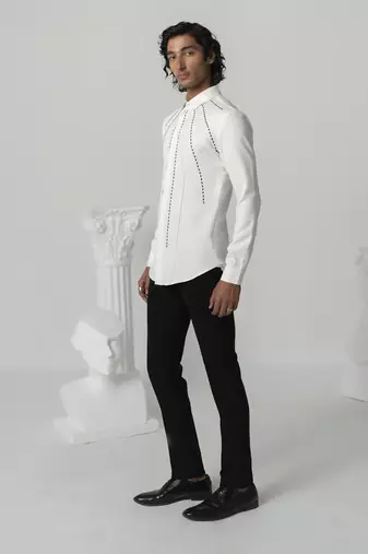 Bright white shadow ray printed work japanese polyester shirt
