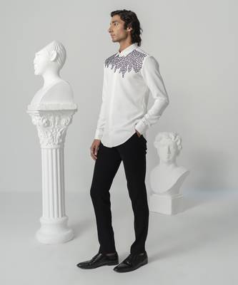 Bright white hexa bloom printed work japanese polyester shirt 2