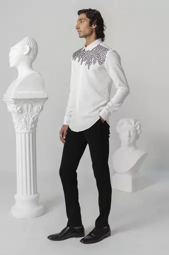 Bright white hexa bloom printed work japanese polyester shirt