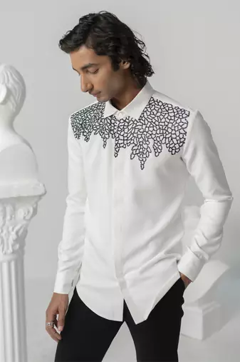 Bright white hexa bloom printed work japanese polyester shirt