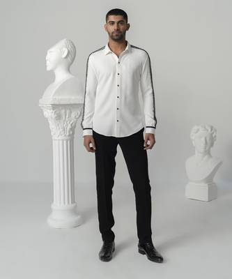 Bright white black burst printed work shirt 1
