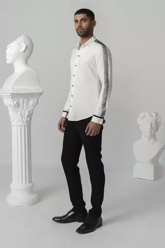 Bright white black burst printed work shirt