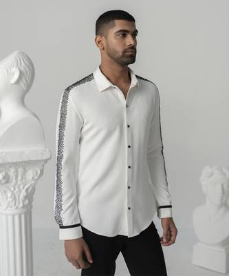 Bright white black burst printed work shirt 4