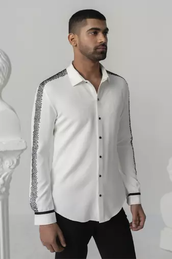 Bright white black burst printed work shirt