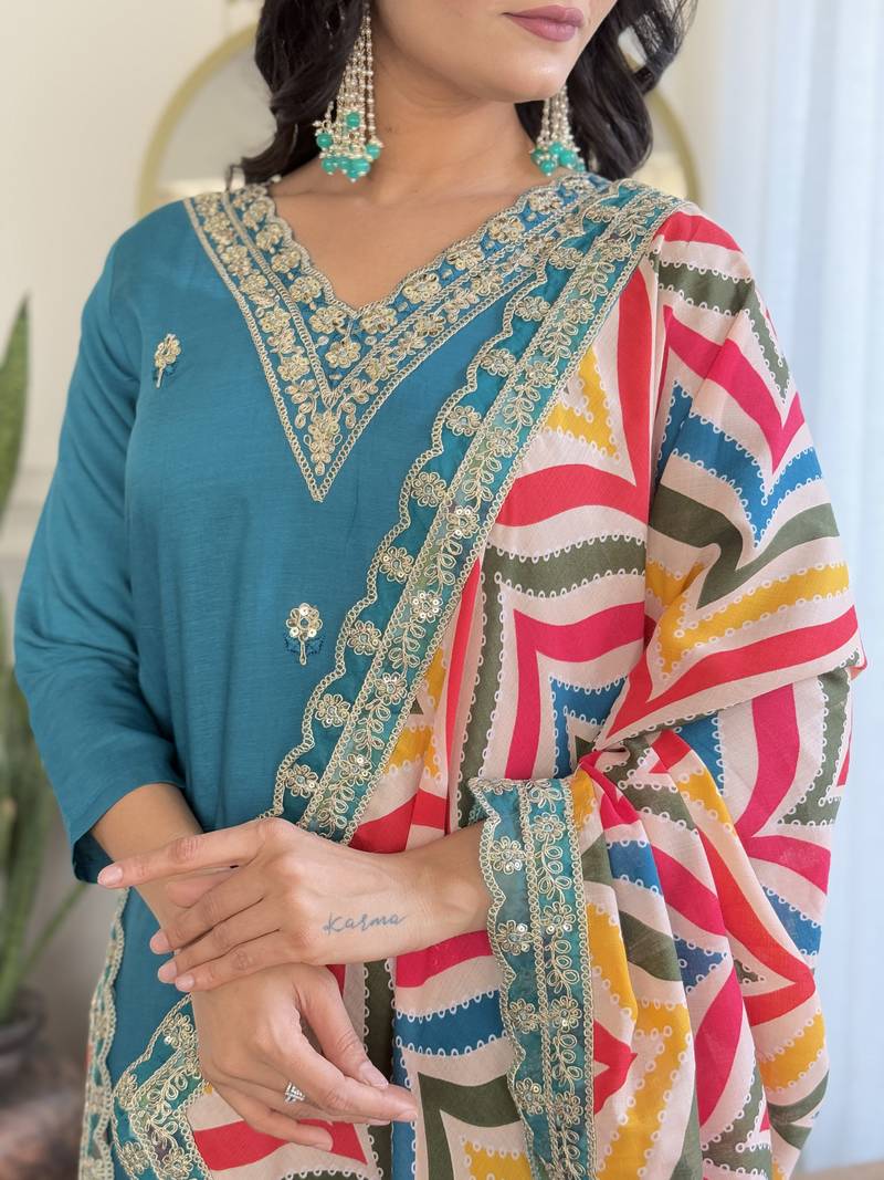 Women Embroidered Viscose Kurta Pant and Dupatta set