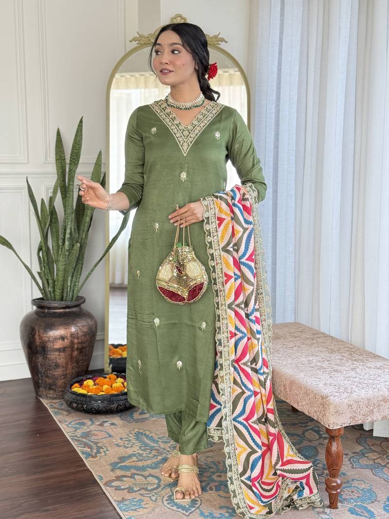 Women Embroidered Viscose Kurta Pant and Dupatta set