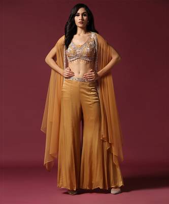 Mustard embroidered cape set 1