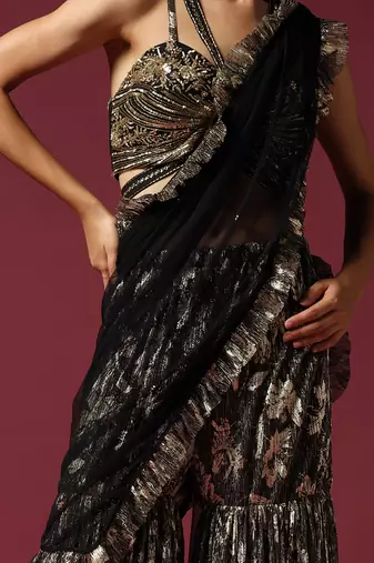 Black and gold drape Gharara saree with hand embroidered blouse