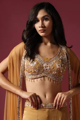 Mustard embroidered cape set