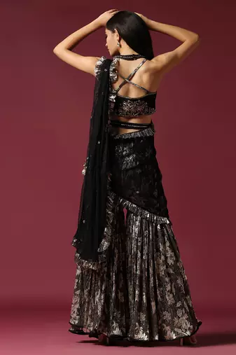 Black and gold drape Gharara saree with hand embroidered blouse