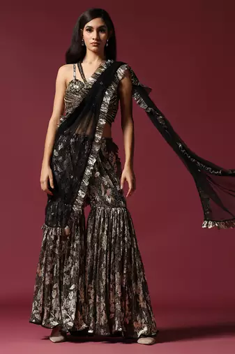 Black and gold drape Gharara saree with hand embroidered blouse