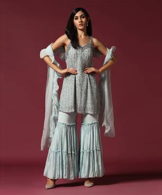 Powder blue hand embroidered garara set 1