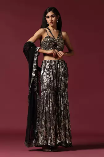 Black and gold drape Gharara saree with hand embroidered blouse