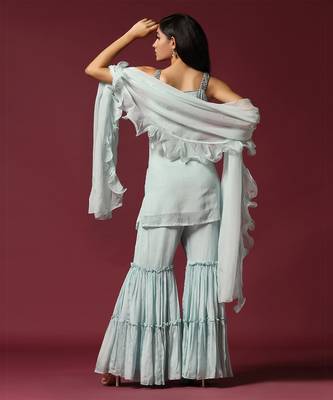 Powder blue hand embroidered garara set 2