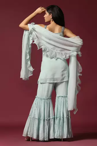 Powder blue hand embroidered garara set