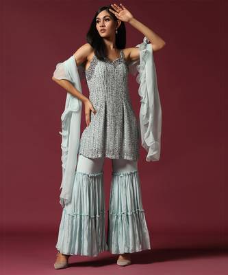 Powder blue hand embroidered garara set 4
