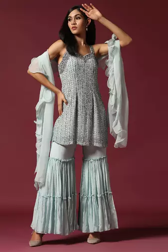 Powder blue hand embroidered garara set
