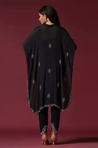 Black hand embroidered open seam kurta set