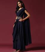 Navy blue pre drape saree with belt