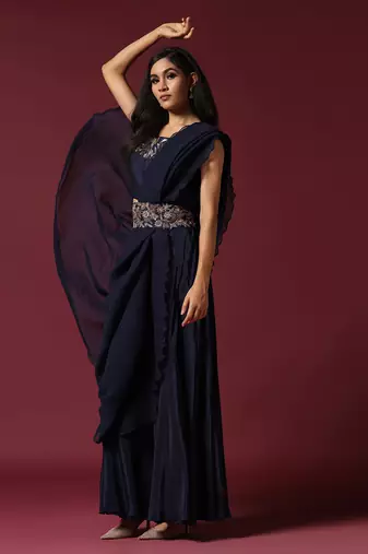 Navy blue pre drape saree with belt