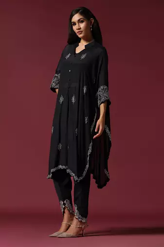 Black hand embroidered open seam kurta set