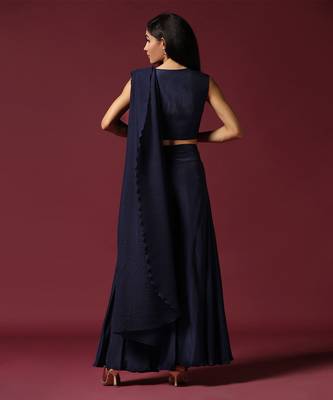 Navy blue pre drape saree with belt 3