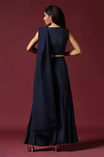 Navy blue pre drape saree with belt