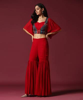 Red gharara set with flared top 1