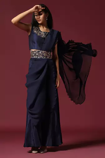 Navy blue pre drape saree with belt