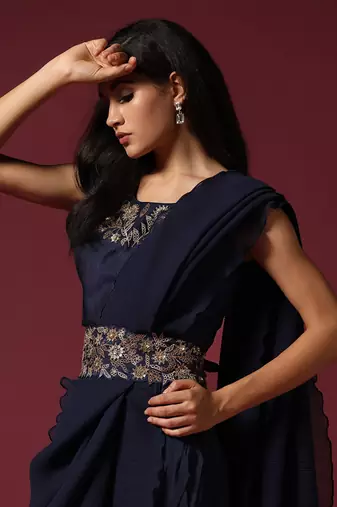Navy blue pre drape saree with belt