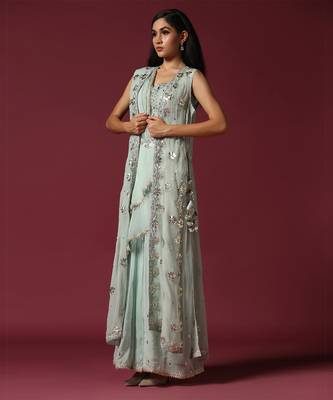 Powder blue gota work jacket & sharara set 1
