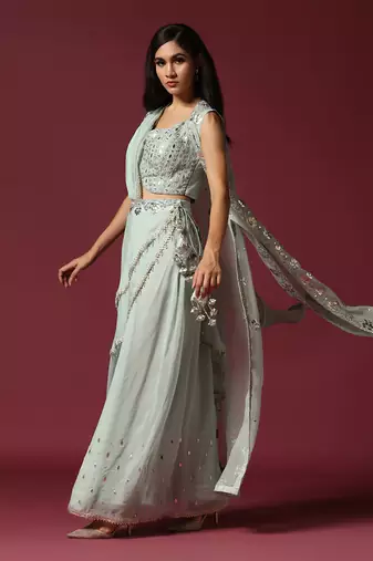 Powder blue gota work jacket & sharara set