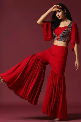 Red gharara set with flared top