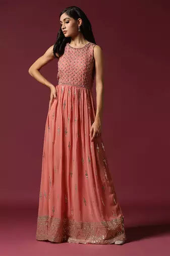 Peach gotta work anarkali in georgette