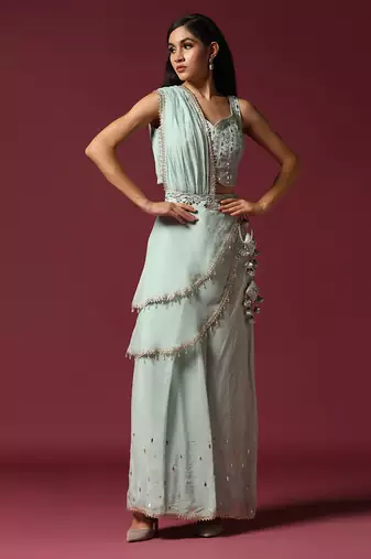 Powder blue gota work jacket & sharara set