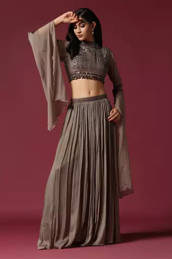 Grey hand embroidered skirt set