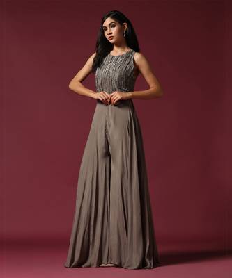 Grey embroidered chiffon jumpsuit 1