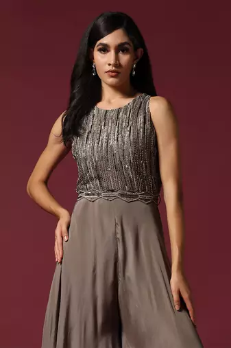 Grey embroidered chiffon jumpsuit