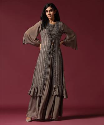 Grey hand embroidered jacket & lehenga set 1