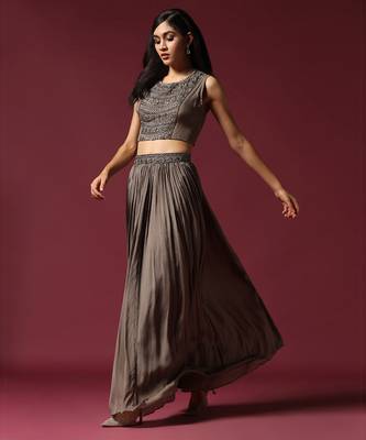 Grey hand embroidered jacket & lehenga set 2