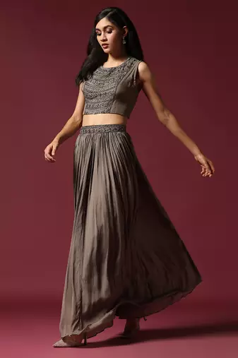 Grey hand embroidered jacket & lehenga set